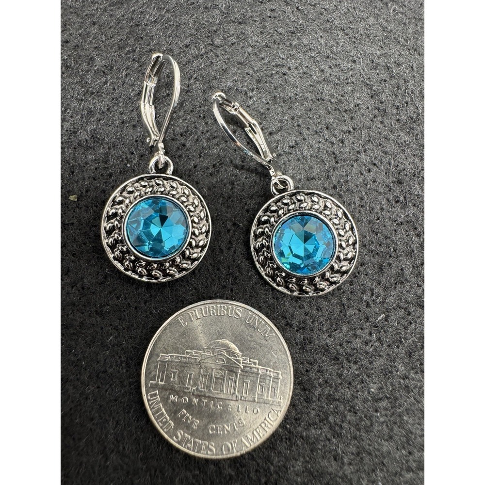 Silver Tone Leverback Dangle Earrings Blue Round Crystal Bezel Set